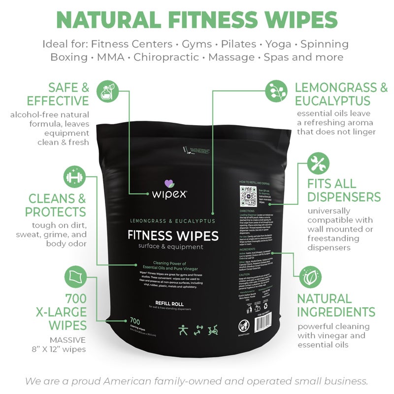 Wipex Gym Wipes for Equipment Cleaning - 700 Large 8"x12" Natural Fitness Wipes Refills for Dispensers - Made with Lemongrass, Eucalyptus Oil & Vinegar, Bulk Surface Multipurpose (1 Pack) - Image 2